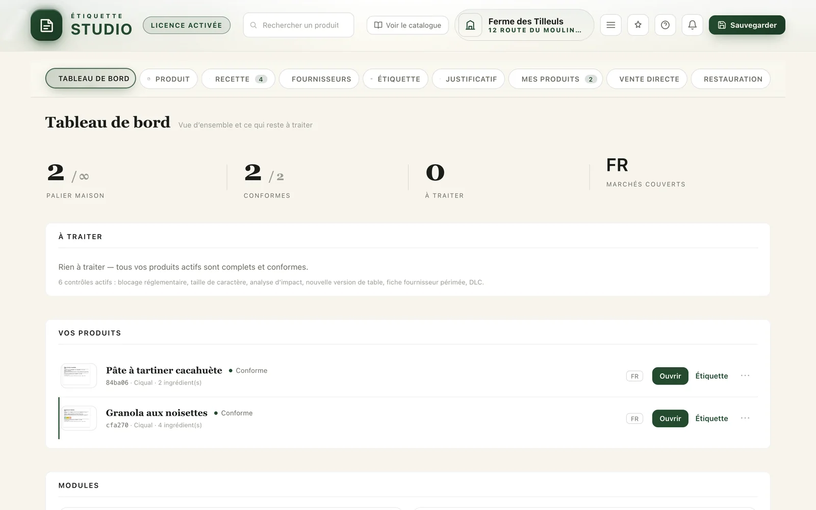Tableau de bord d'Étiquette Studio