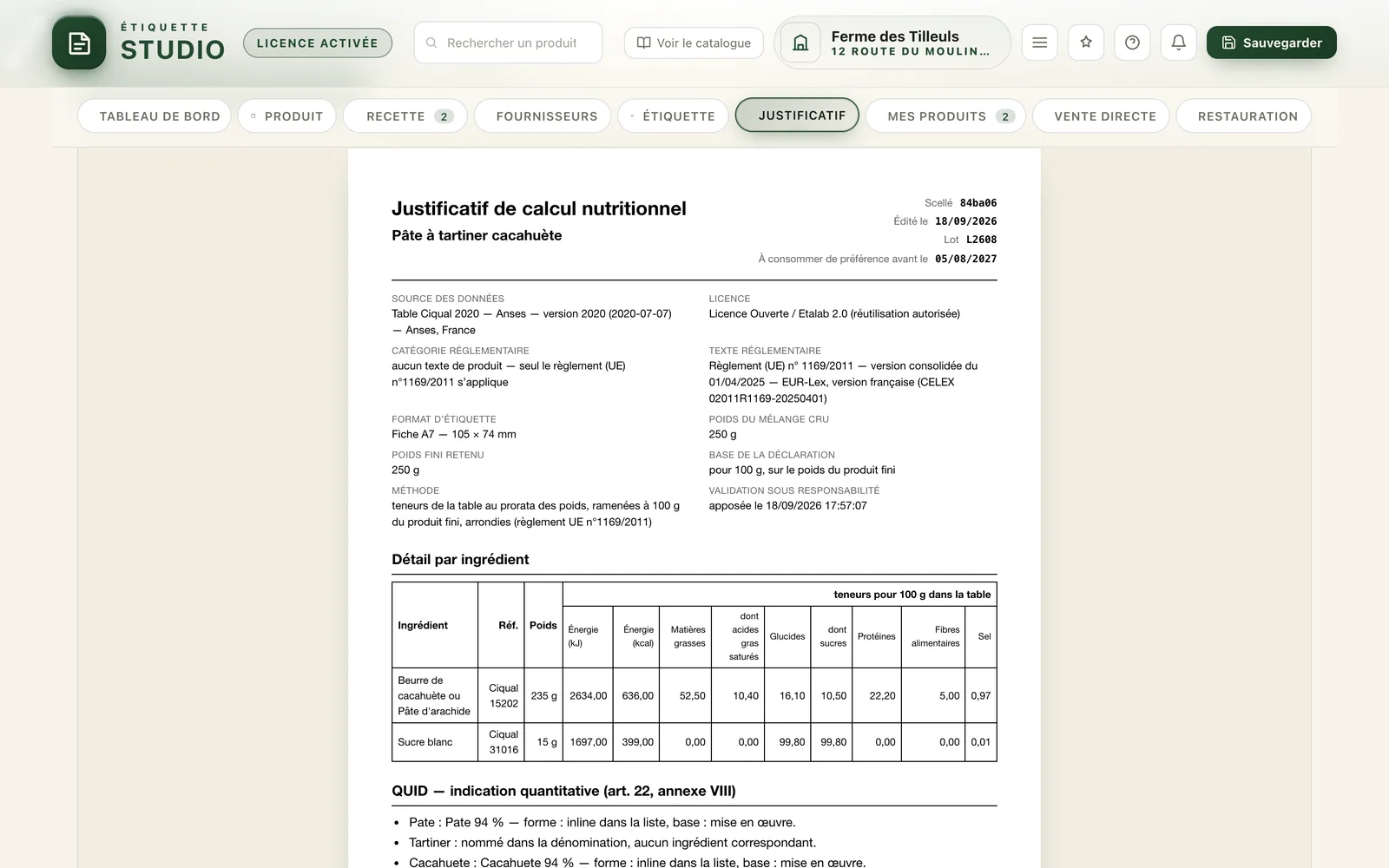 Justificatif du calcul nutritionnel dans Étiquette Studio