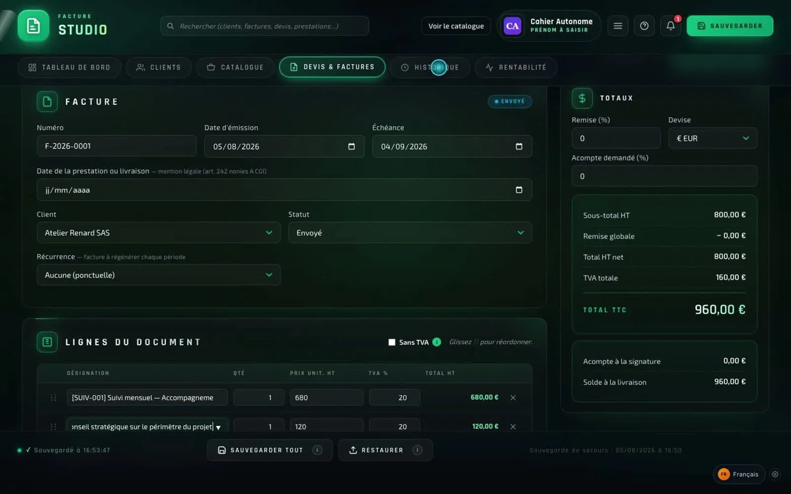 Éditeur de facture de Facture Studio, totaux calculés