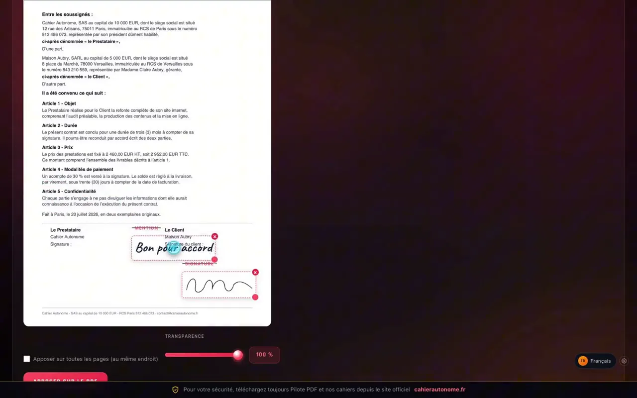 Signature d'un contrat avec Pilote PDF